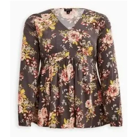 Torrid Babydoll Brown Vneck Long Sleeve Floral Gauze Top - Picture 3 of 8